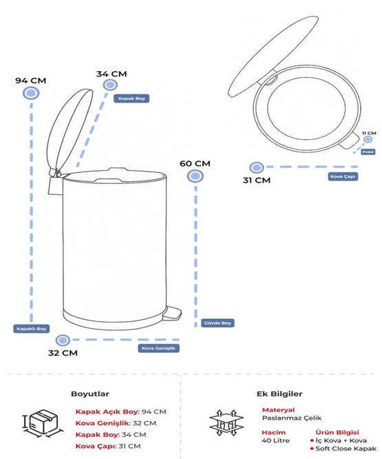 Bombe Kapaklı Çöp Kovası 40L Mat Bej
