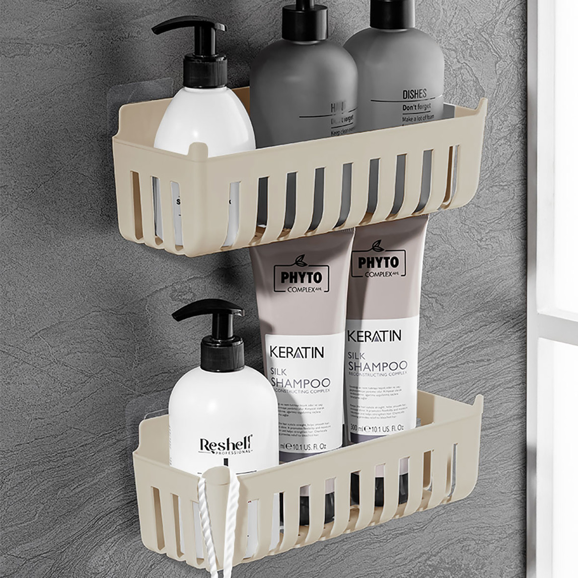    Deby 2'li Yapışkanlı Banyo Rafı Bej 