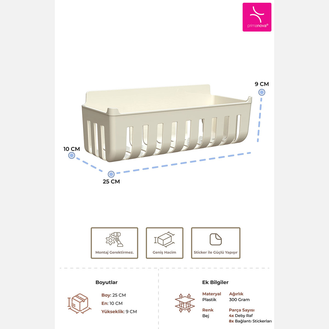    Deby 2'li Yapışkanlı Banyo Rafı Bej 