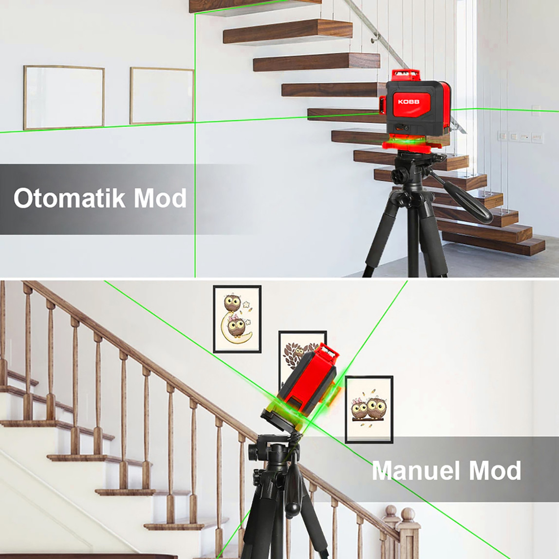    KOBB KBL35G Profesyonel Li-ion Şarjlı 4X360 derece Otomatik Hizalamalı Yeşil Çapraz Çizgi Lazer Distomat ve Uzaktan Kumanda 
