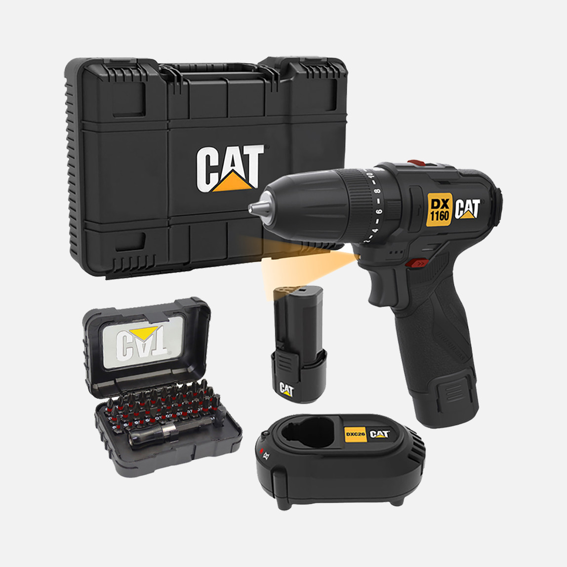    CAT DX1160 12Volt/2.0Ah Li-ion Çift Akülü Kömürsüz Profesyonel Şarjlı Darbeli Matkap + DA01901 32 Parça Aksesuar Seti 