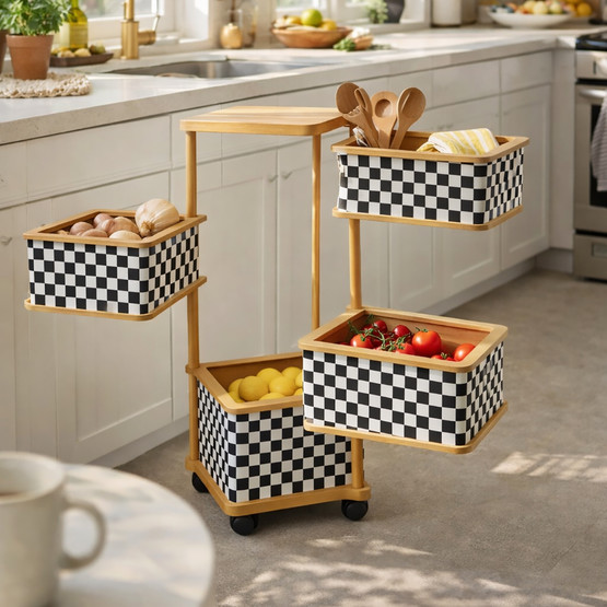 Ahşap 4 Katlı Tekerlekli Sebzelik ve Çok Amaçlı Organizer