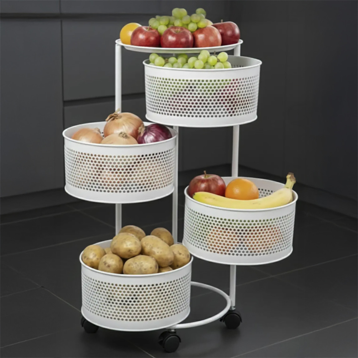    Metal 4 Katlı Tekerlekli Sebzelik Beyaz 