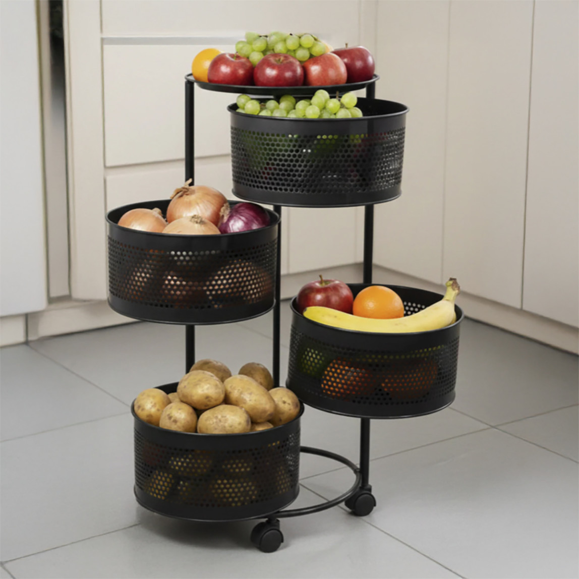   Metal 4 Katlı Tekerlekli Sebzelik Siyah 