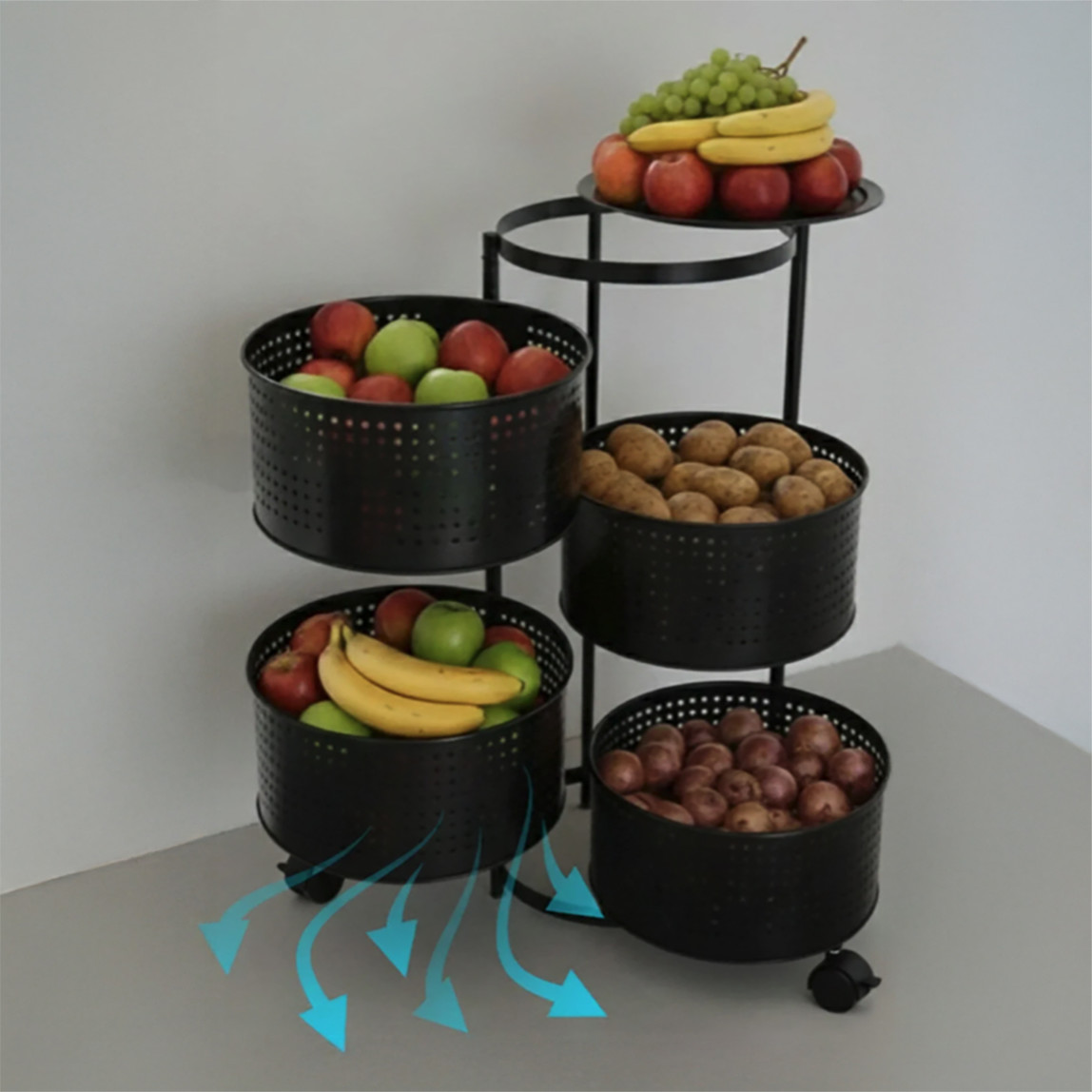    Metal 4 Katlı Tekerlekli Sebzelik Siyah 