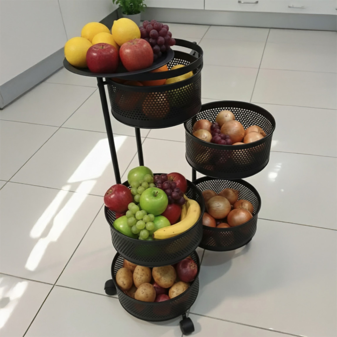    Metal 5 Katlı Tekerlekli Sebzelik Siyah 