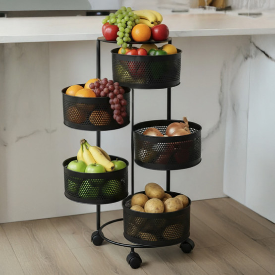 Metal 5 Katlı Tekerlekli Sebzelik Siyah